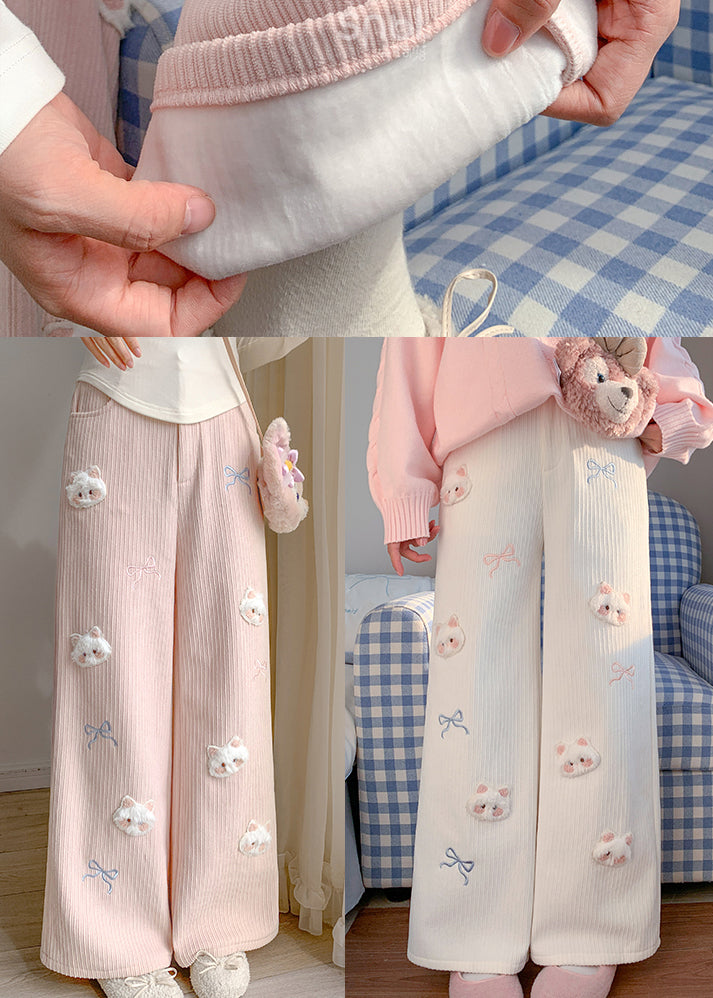 White Cat Decorated Embroidered Warm Fleece Pants Winter