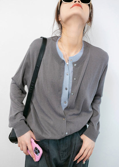 Grey O Neck Button Cotton Knit Coats Long Sleeve