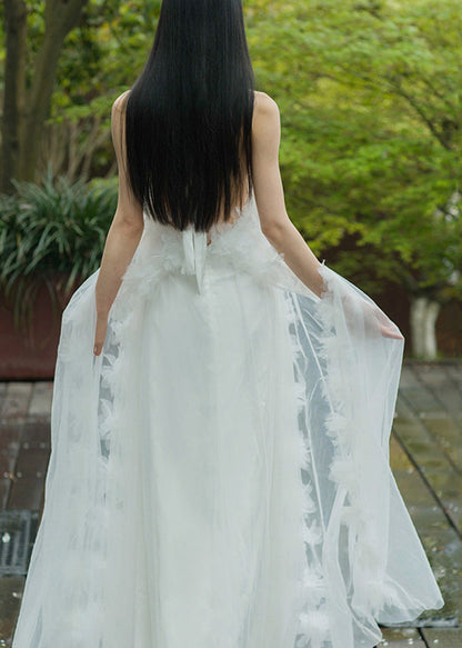 White Lace Up Tulle Maxi Dresses Summer