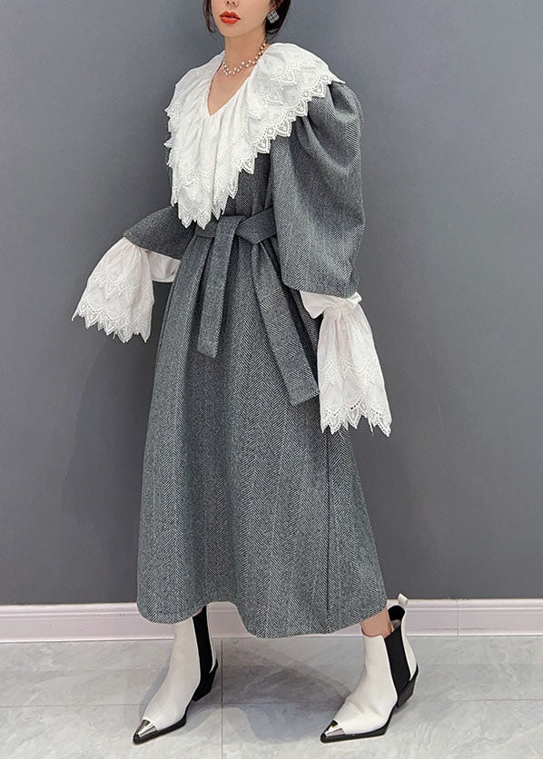 Grey Oversized Woolen Cinch Dress Two Pieces Set Spring