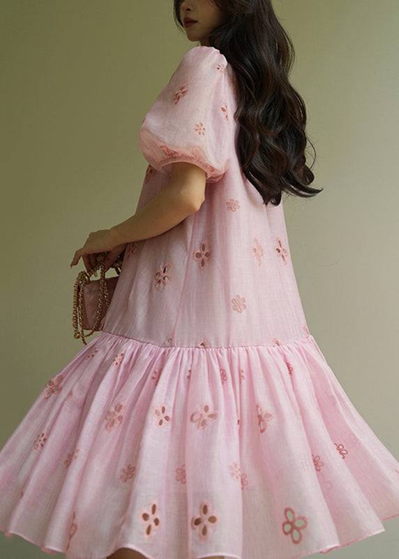 Pink Embroidered Tie Lace Mid Dress Summer