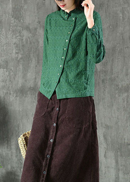 Natural Green Ruffled Jacquard Button Tops Long Sleeve