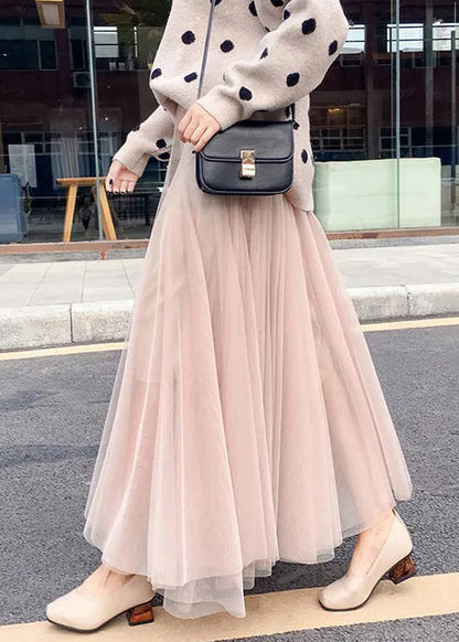 Simple Coffee Elastic Waist Tulle Skirt Spring