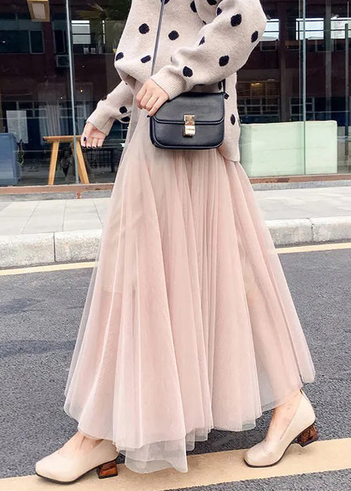 Simple Coffee Elastic Waist Tulle Skirt Spring