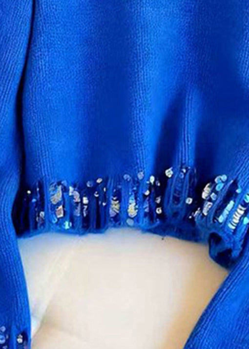 Classy Blue O Neck Sequins Patchwork Knit Sweaters Spring