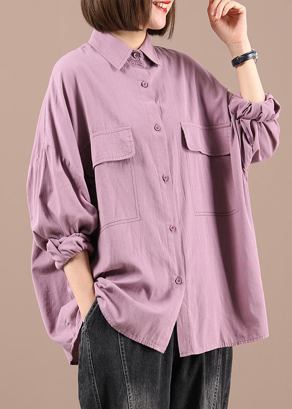 Purple Peterpan Collar Button Pockets Fall Shirt Long Sleeve
