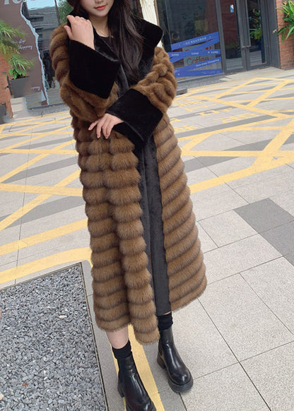 Style Coffee Peter Pan Collar Patchwork Leather and Fur Long Coats Winter
