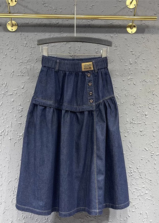 Loose Denim Blue Patchwork Button Elastic Waist a Line Skirt Summer