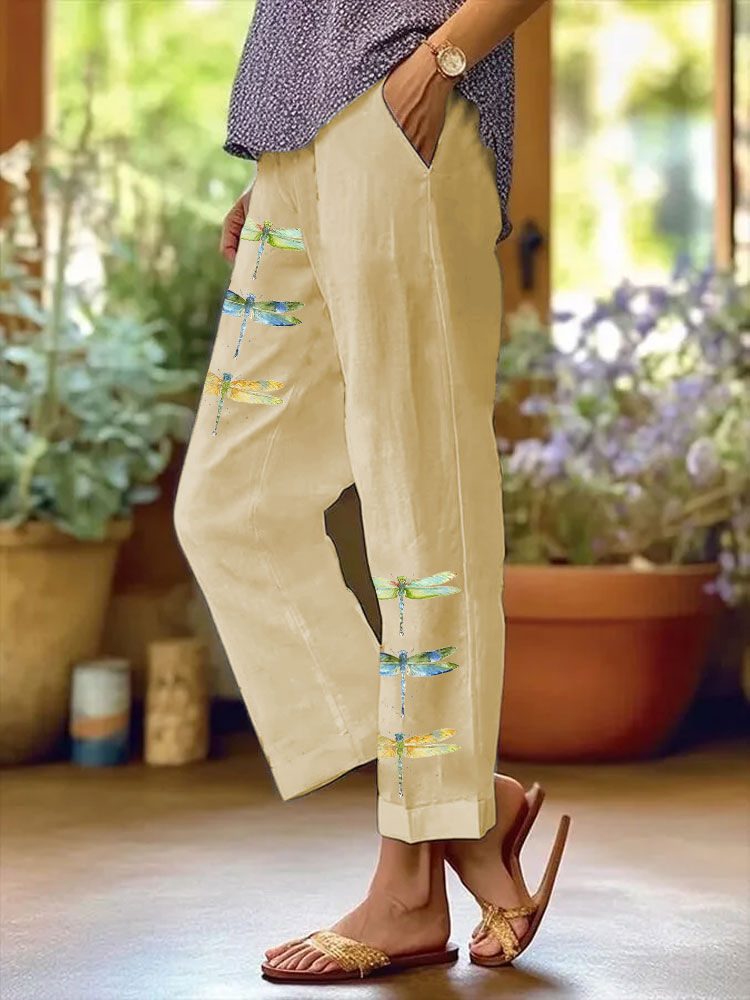 Comstylish Women's Watercolor Dragonfly Print Casual Pants