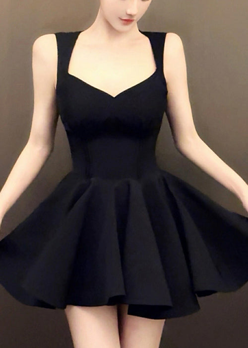 Black High Waist Pleated Dress V Neck Summer