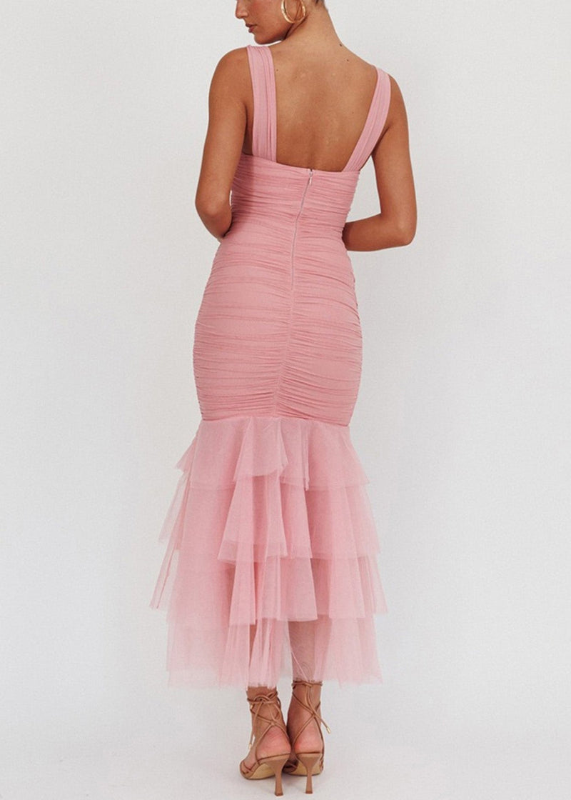 Slim Fit Pink Wrinkled Tulle Patchwork Long Dress Sleeveless Summer