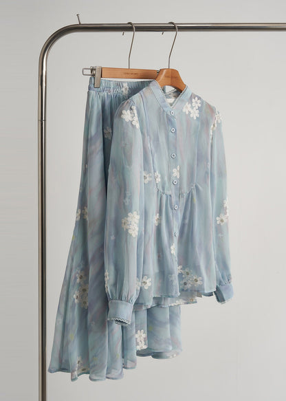 Modern Sky Blue Embroidered Chiffon Two Piece Suit Set Fall