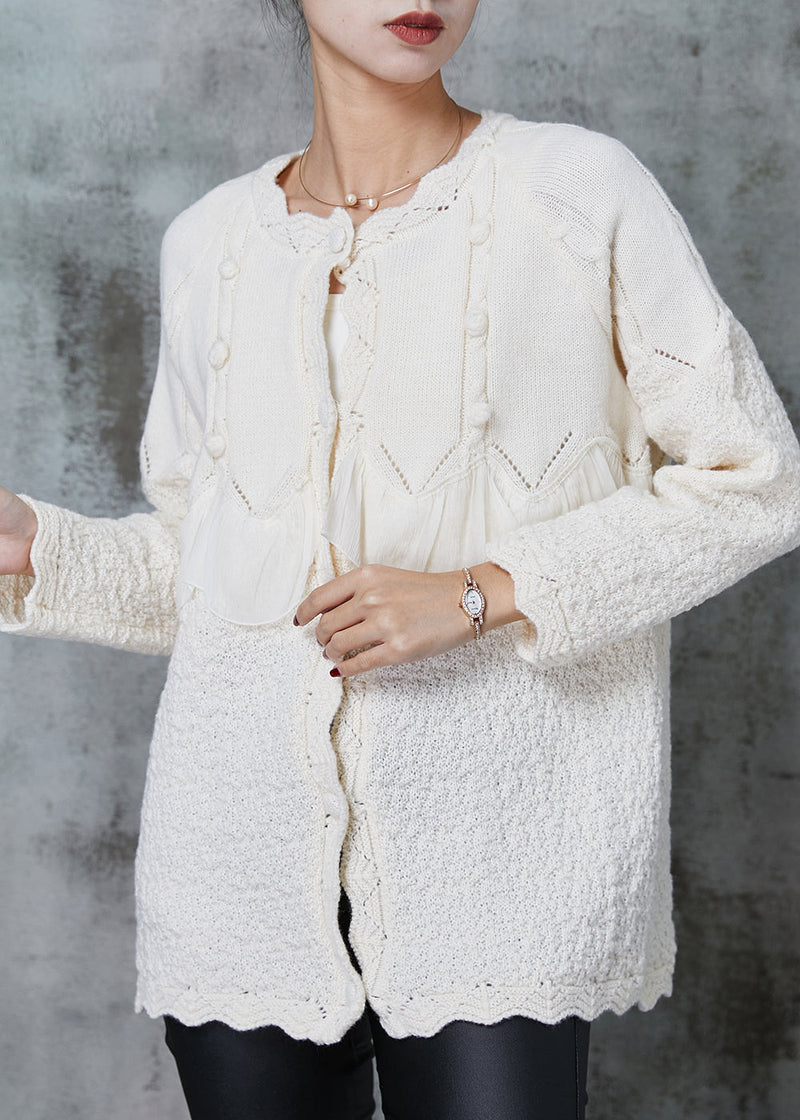 White Ruffles Patchwork Knit Coat Outwear Spring