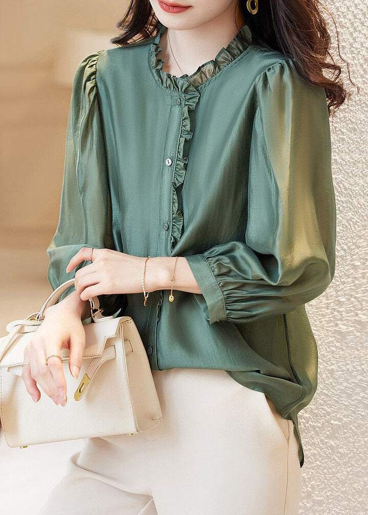Green Button Chiffon Blouses Ruffled Spring
