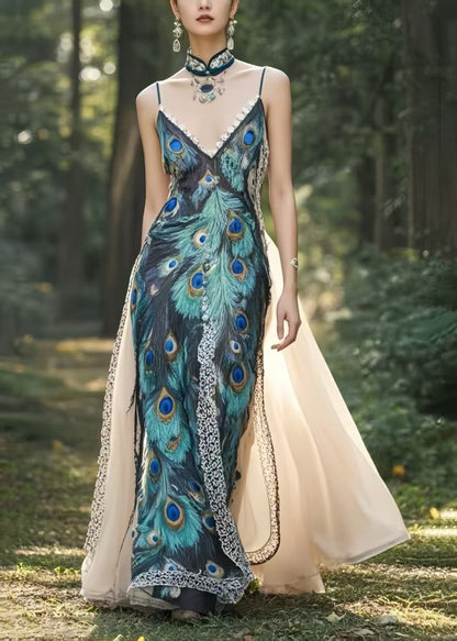 Peacock Feather Print Patchwork Exra Large Hem Chiffon Party Dress Summer