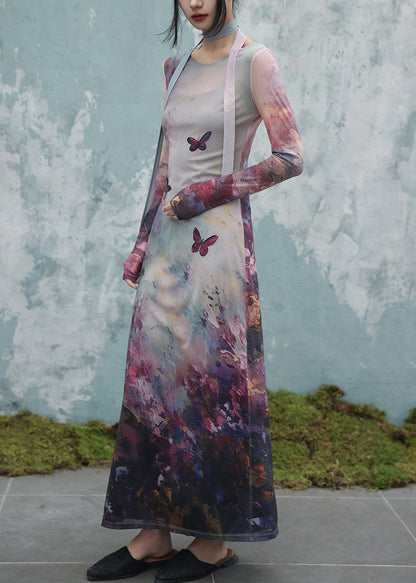 Art O-neck Butterfly Print Tulle Two Pieces Set Fall