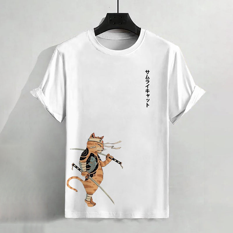 Men's Japanese Samurai Cat Art Print Casual T-Shirt elevenforest