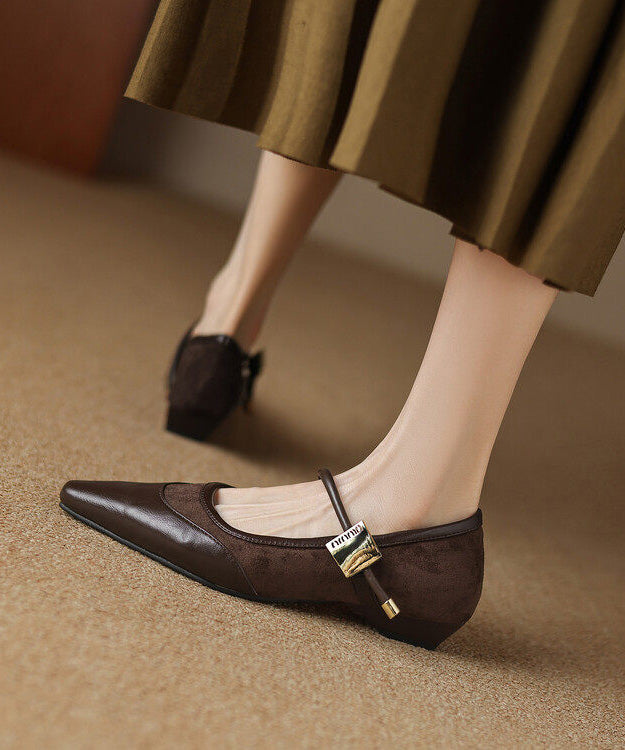 Brown Buckle Strap Splicing Faux Leather Pointed Toe Shoes