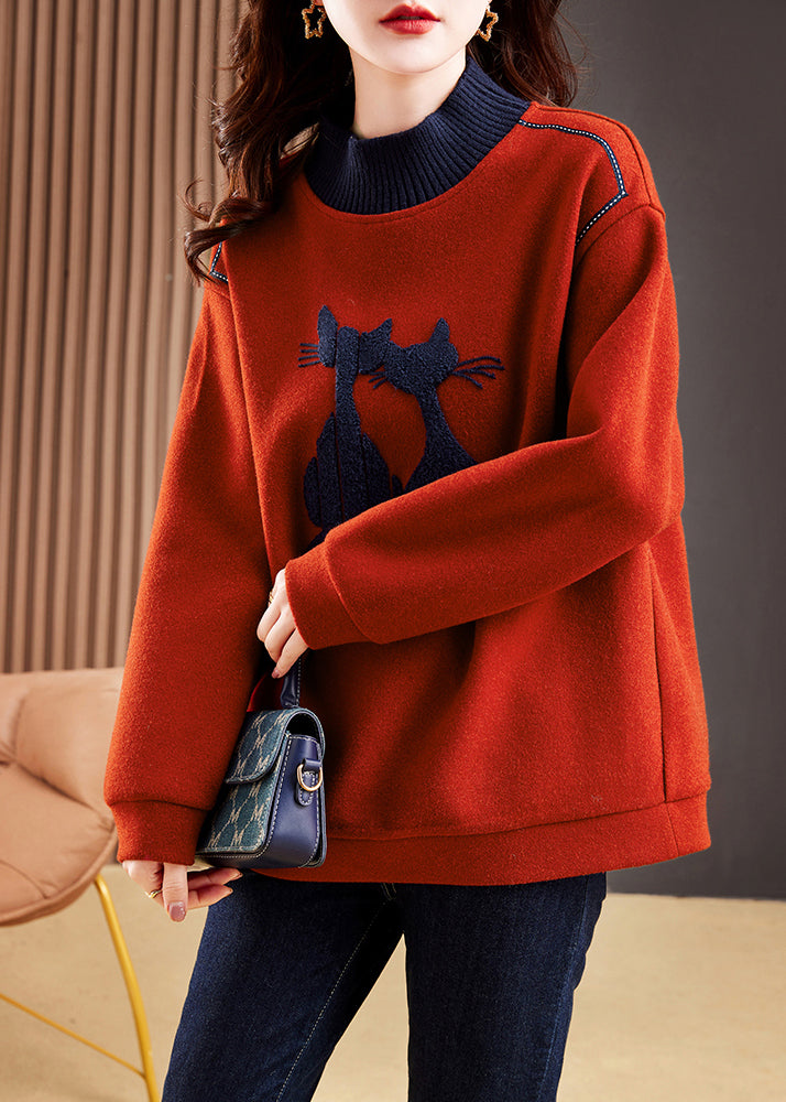 Red High Neck Patchwork Cotton Pullover Tops Winter
