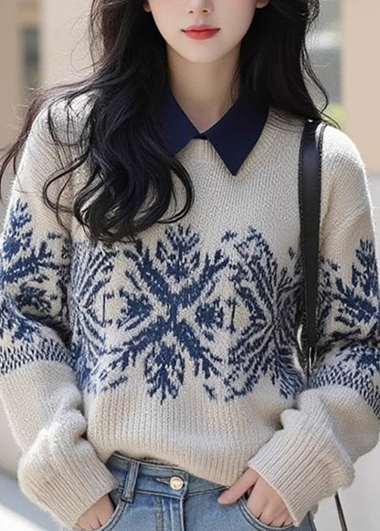 Retro Apricot Peter Pan Collar Print Cotton Knit Sweater Fall