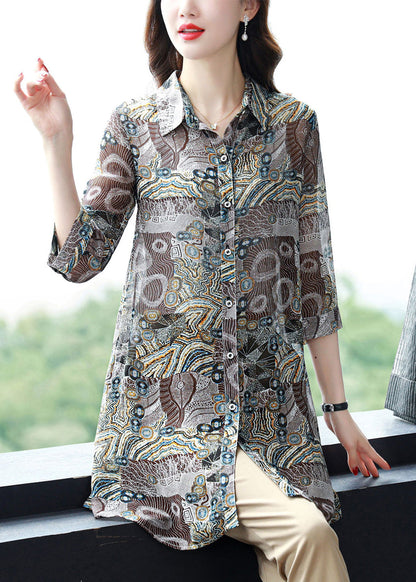 Button Peter Pan Collar Print Chiffon Blouse Tops Three Quarter Sleeve