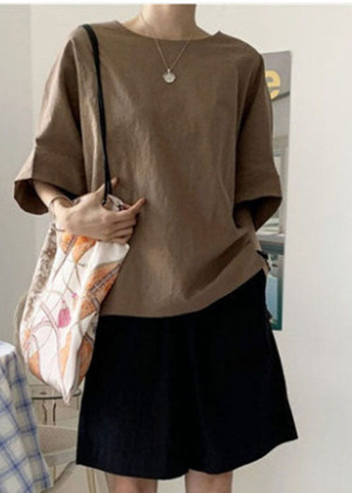 Brown O-neck Oversized Side Open Cotton Tank Half Sleeve