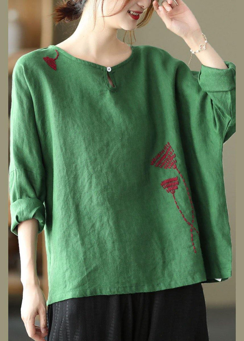 Green Loose Embroideried Fall Linen Shirt Tops Long Sleeve
