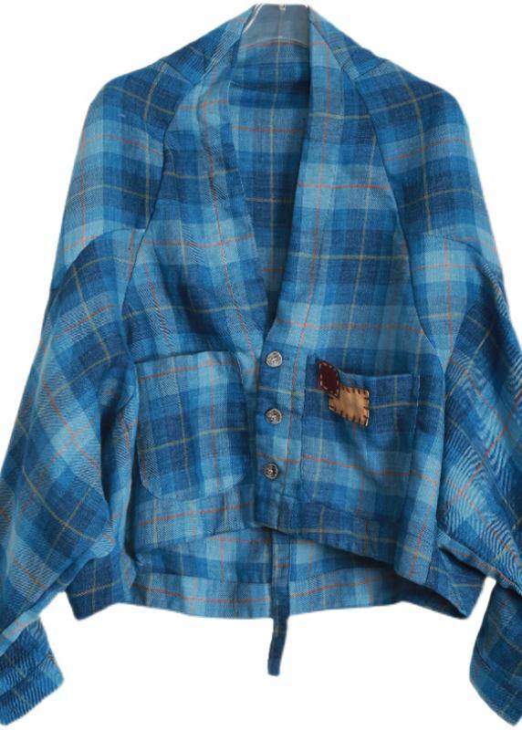 Blue Plaid Batwing Sleeve Linen Summer Shirt Tops