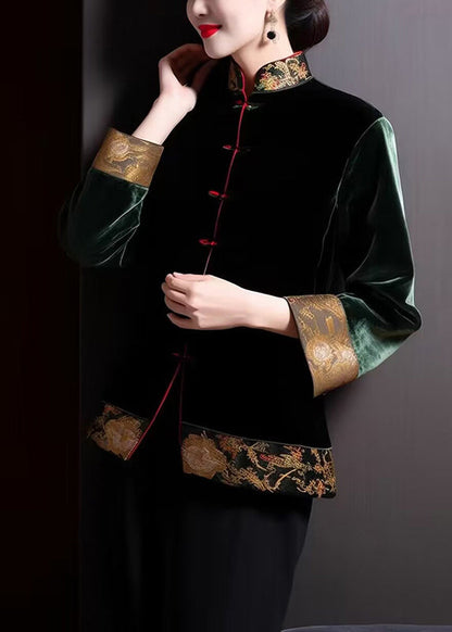 Loose Blackish Green Embroideried Button Silk Coats Long Sleeve