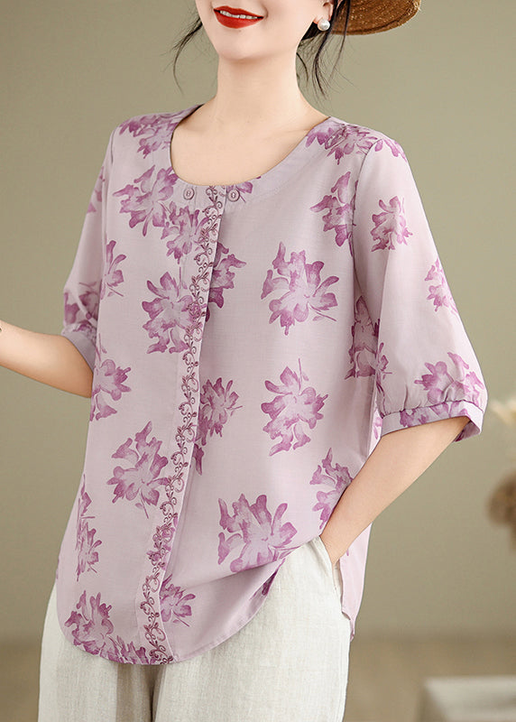 Loose Purple O-neck Print Cotton Shirts Half Sleeve