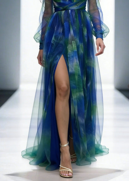 Mesh Tulle Off Shoulder Pleated Slit Evening Maxi Dress
