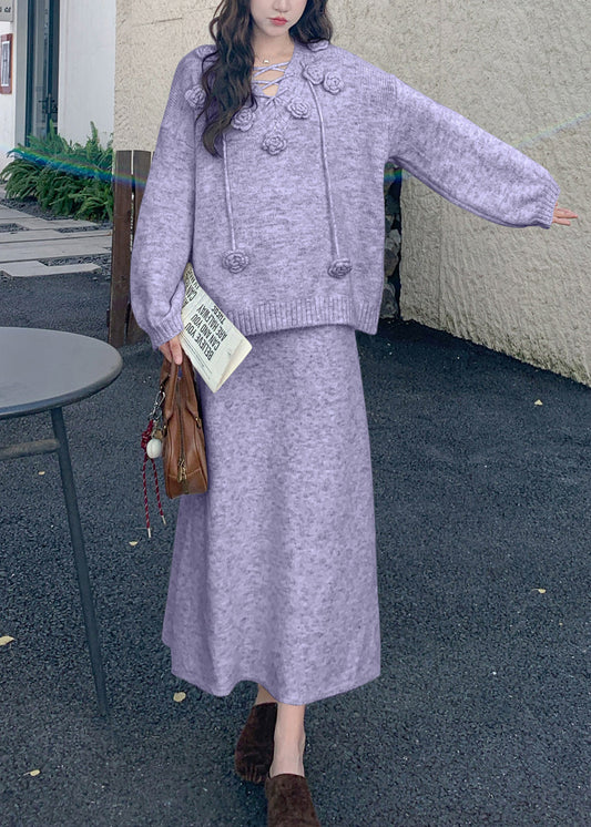 Loose Purple Sweaters and Skirts Knit Two Pieces Set Winter