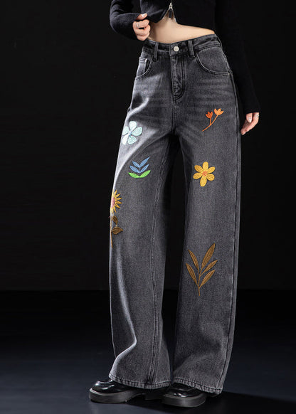 Handmade Black Embroidered Warm Fleece Denim Pants Spring