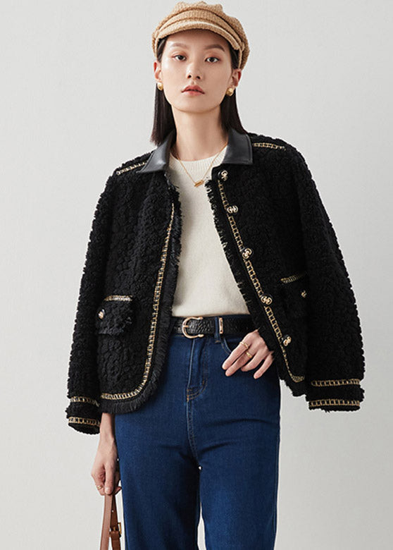 Diy Black Peter Pan Collar Patchwork Button Thick Faux Fur Coat Winter