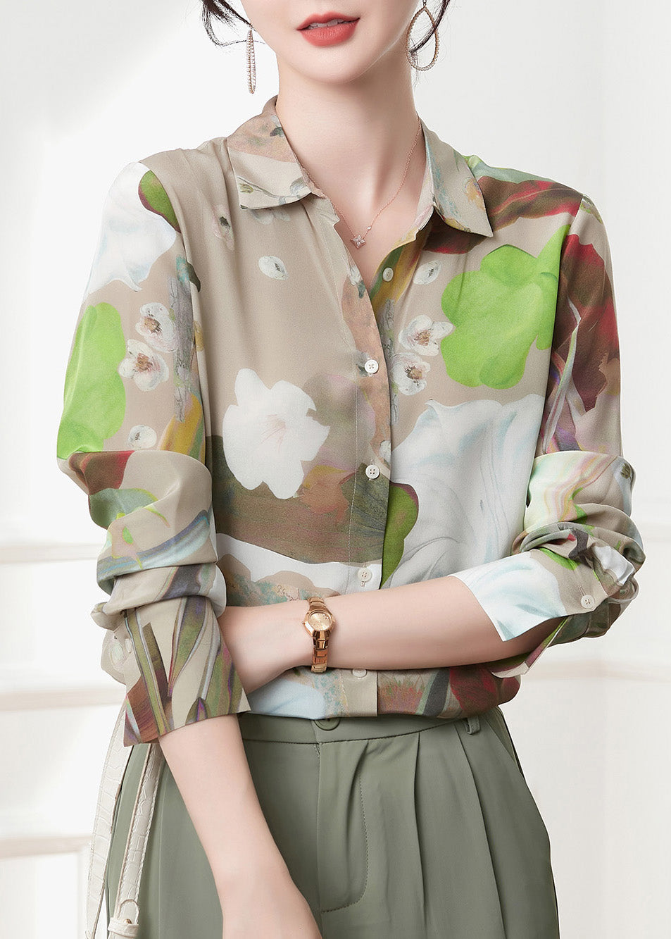 Peter Pan Collar Print Button Silk Shirts Spring