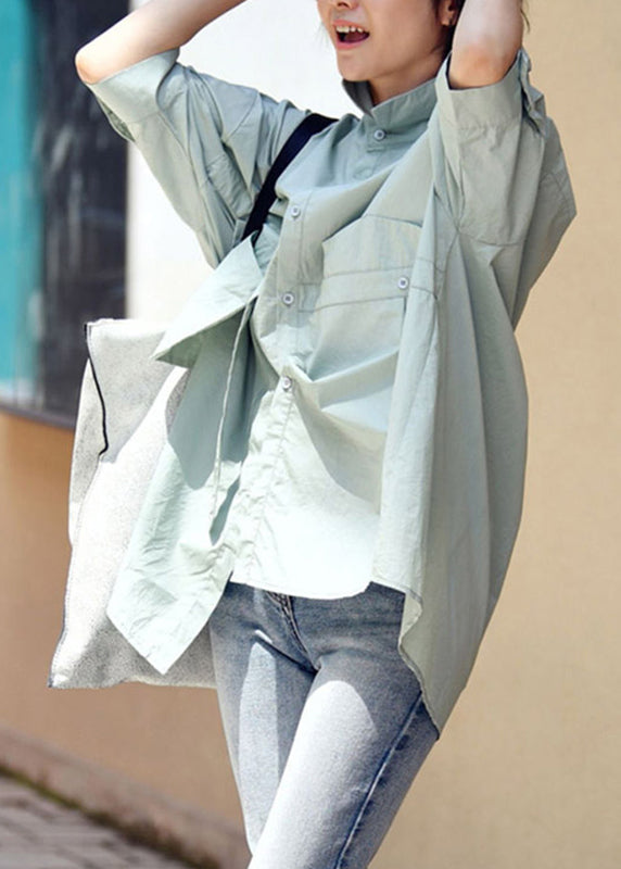 Cyan Green Colour Peter Pan Collar Button Pockets Cotton Shirt Long Sleeve