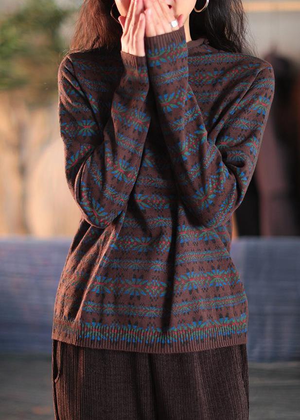 Blue Print Clothes for High Neck Patchwork Knitwear