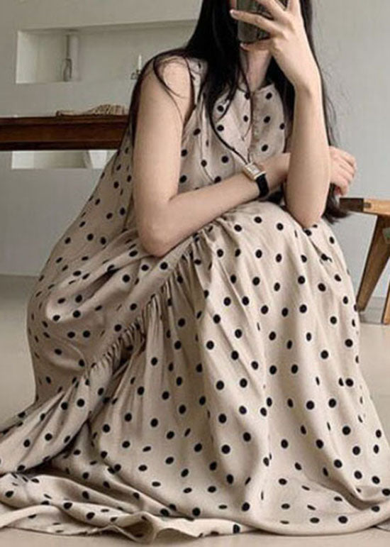 Khaki O Neck Patchwork Dot Print Cotton Dresses Summer