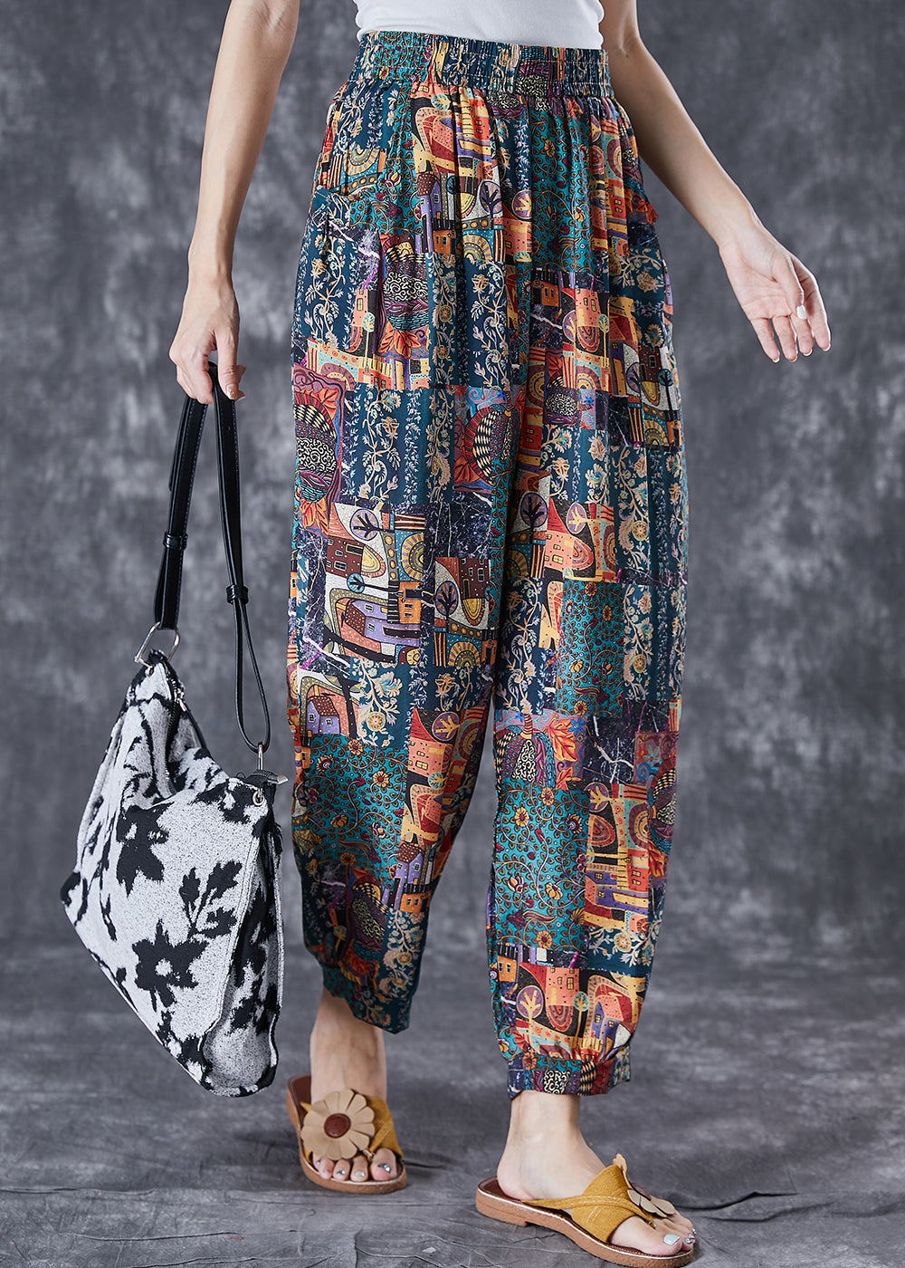 Elastic Waist Print Pockets Cotton Pants Summer