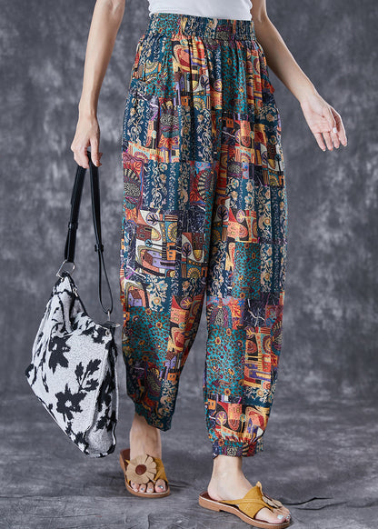 Elastic Waist Print Pockets Cotton Pants Summer