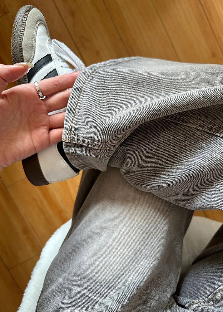 Grey Pockets High Waist Denim Wide Leg Pants Fall