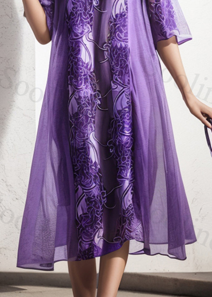 Purple Oversized Print Silk Dress Summer
