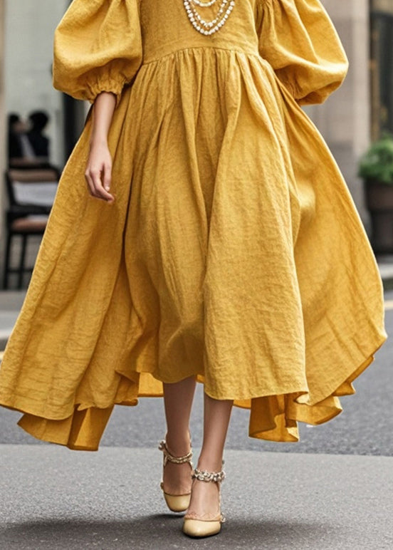 Yellow Exra Large Hem Cotton Maxi Dresses Lantern Sleeve Summer