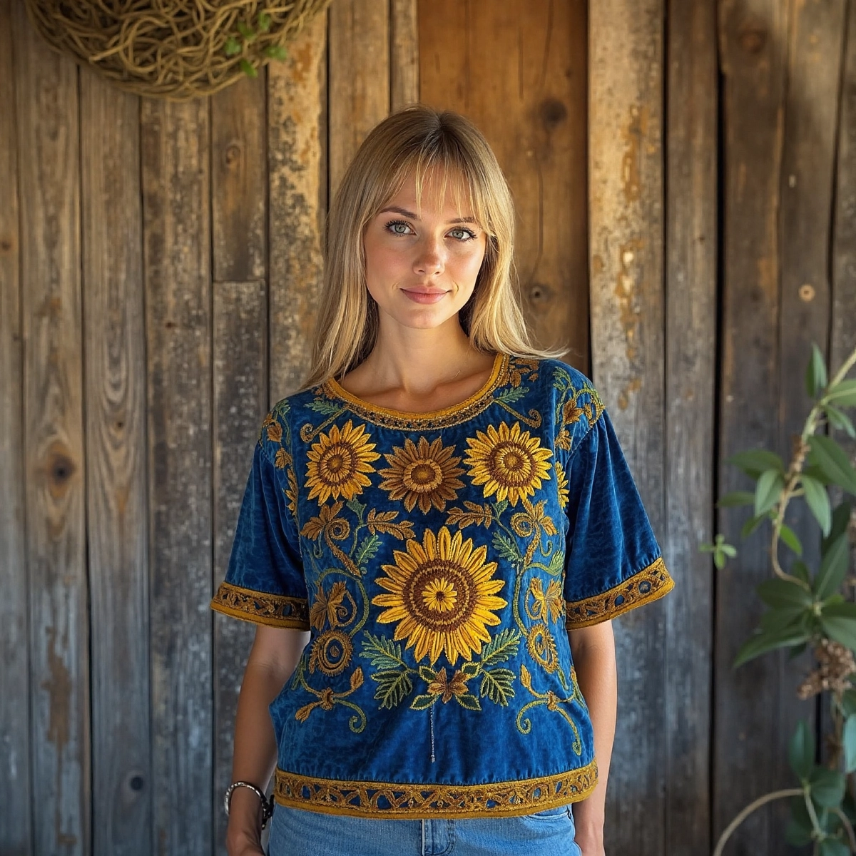 Comstylish Vintage Sunflower Ethnic Floral Linen T-shirt