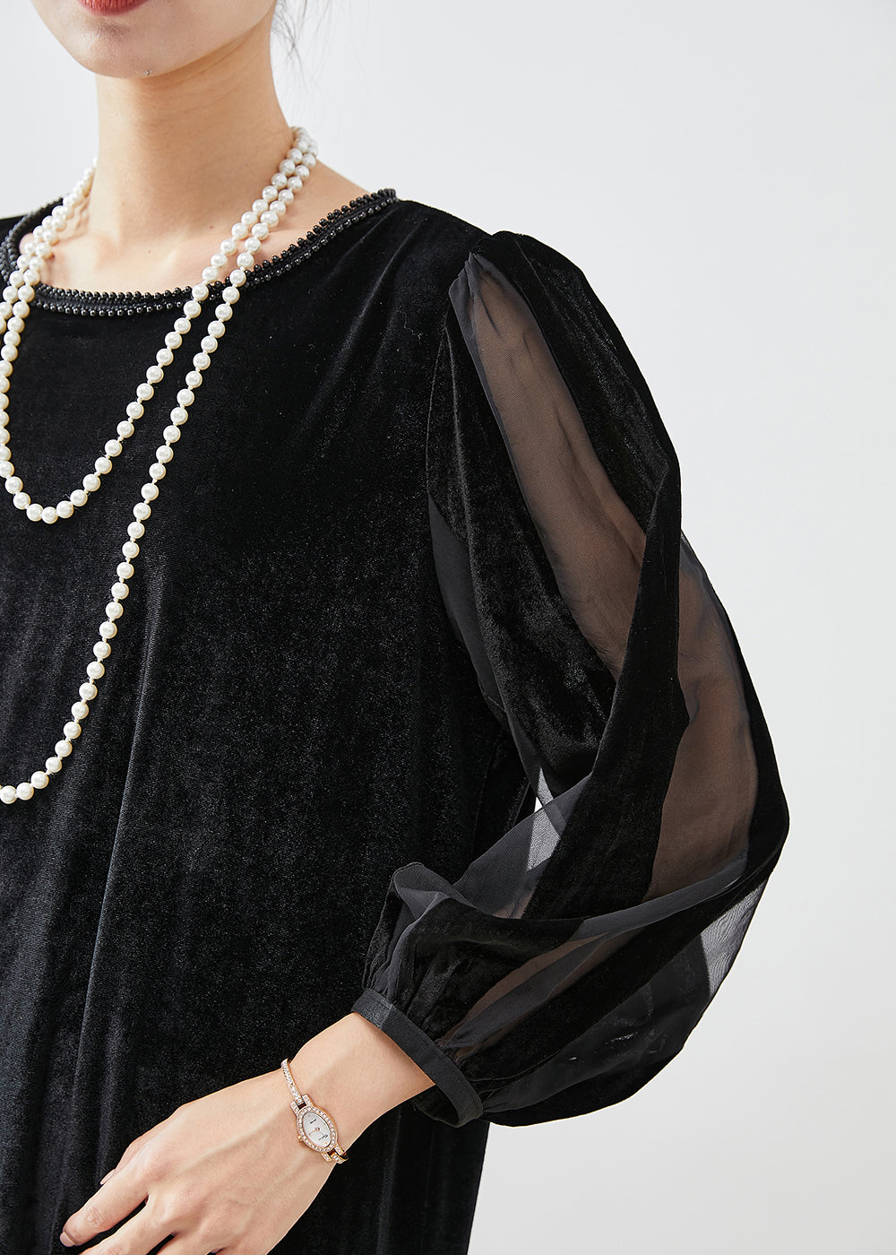 Black Hollow Out Patchwork Silk Velour Maxi Dresses Bracelet Sleeve Spring