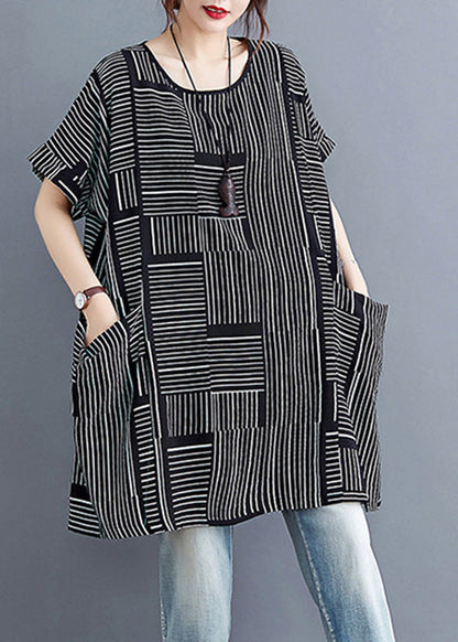 Black Striped Patchworklinen T Shirt Short Sleeve