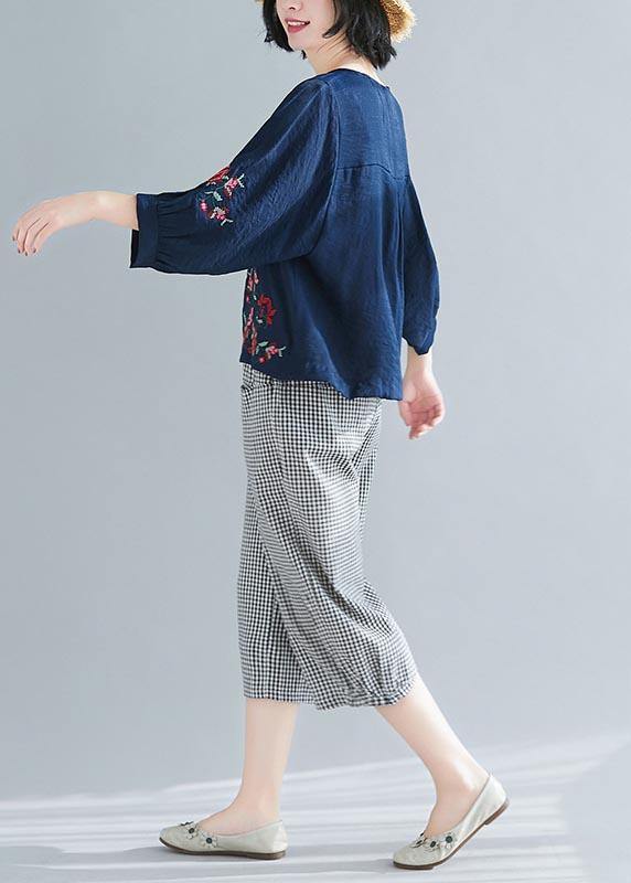 Summer Cotton Linen Navy O-neck Shirts