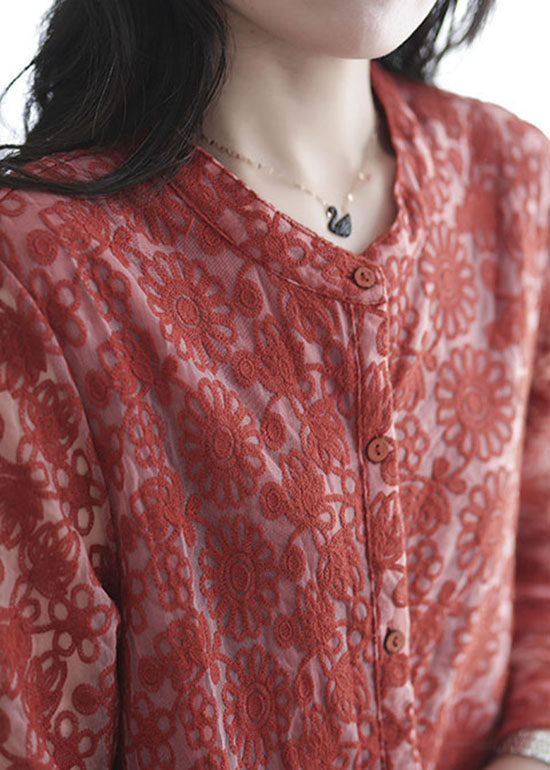 Organic Red O-neck Embroideried Lace Shirt Tops Spring