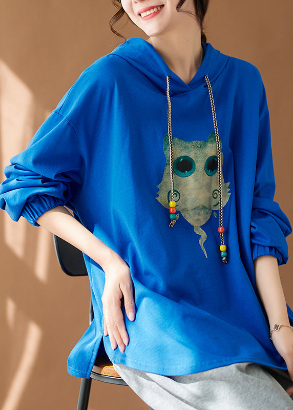 Blue Print Cozy Cotton Loose Sweatshirt Hooded Fall