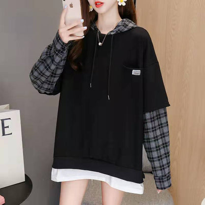 Style False Two Pieces Cotton Hooded Clothes Neckline Army Green Blouse